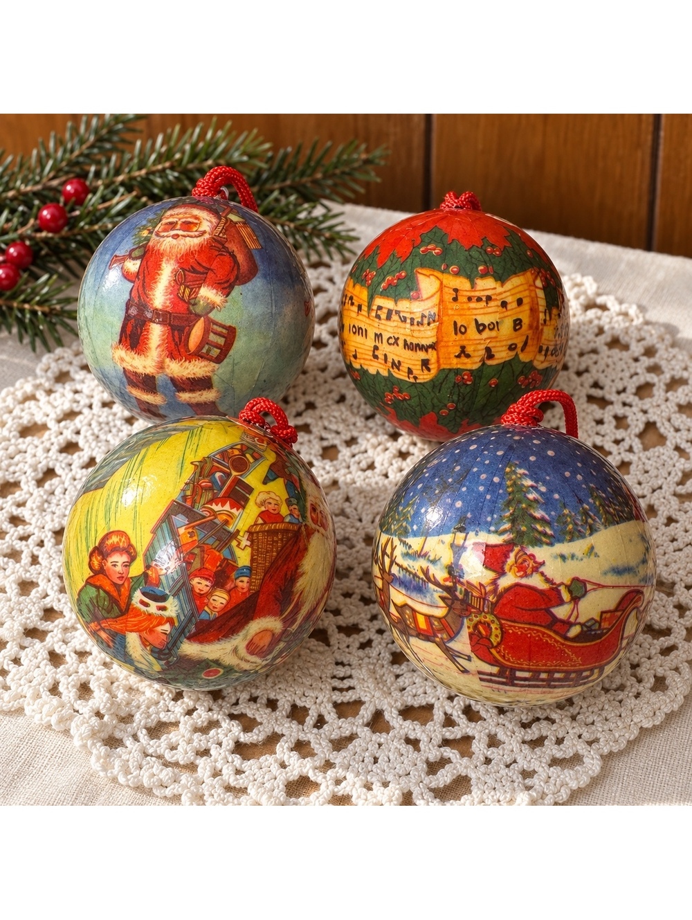 Vintage Christmas Ball Ornaments Set of 4 Santa Holly Decoupage 2.25 Inch